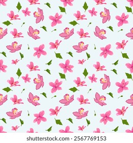 Vibrant Pink Orchid Pattern with Green Leaves on Light Blue Background - Tropical Floral Design for Textiles, Wallpapers, Gift Wrap, and Nature-Inspired Spring or Summer Digital Art Projects