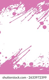 Vibrant pink paint splatters and dynamic strokes create an energetic grunge border on a white background. Abstract vector frame with copy space for a playful, modern design.