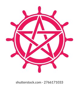 A vibrant pink pentagram star integrated within a nautical ship steering wheel icon. This bold geometric symbol represents a fusion of maritime navigation themes and mystical occult star imagery.