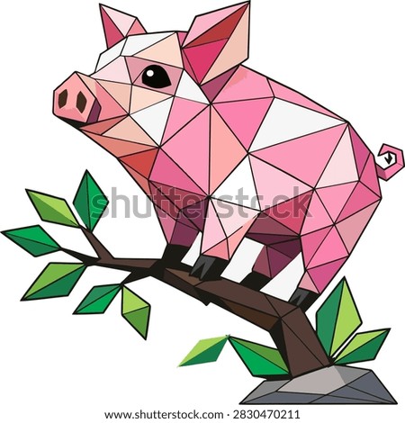 A vibrant pink pig designed in a modern geometric low poly art style standing on a branch with leaves. This abstract animal vector asset is ideal for minimalist prints, creative posters, modern home decor, stickers, and t-shirt graphics.