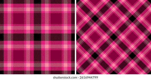 Vibrant pink plaid pattern set, classic tartan design. Ideal for backgrounds, textiles, apparel, or festive design elements. Versatile and stylish texture.