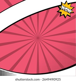 Vibrant pink pop art background featuring dynamic radial lines emanating from the center, creating an energetic sunburst effect. Includes a prominent yellow star burst with "WOW" text in the top right