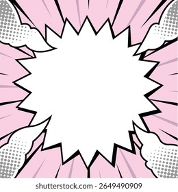 Fundo de estilo pop art rosa vibrante com uma bolha de fala espetada para texto, perfeito para desenhos de quadrinhos, anúncios, vendas ou qualquer mensagem expressiva. Apresenta uma estética retrô, romance gráfico com nós