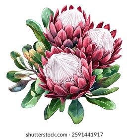 vibrant pink protea flowers with lush green leaves, perfect for adding a touch of natural beauty and elegance to any design project or home decor.