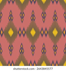 Vibrant pink and purple ikat textile pattern with yellow and navy diamond motifs. Ideal for fabric design backgrounds curtains and home decor products.