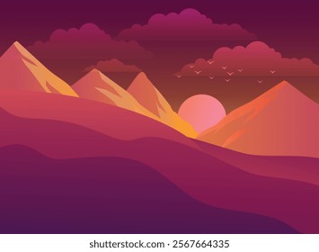 Vibrant pink and purple Sunset Over Rolling Hills and Majestic Mountains with Birds in a Dreamy Sky