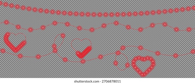 Patrones de puntos rosas y rojos vibrantes con corazones y marcas de verificación sobre un fondo de cuadrícula, creando un diseño digital festivo