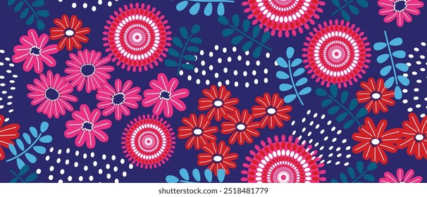 Padrão de tecido de flor rosa e vermelho vibrante em um fundo azul em negrito, estilo africano colorido. Kitenge bonito sem costura, estilo chitenge. design de moda em colorido. Estampas florais de Ancara.