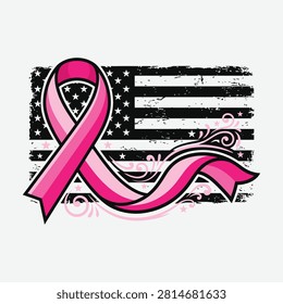 A vibrant pink ribbon symbolizing breast cancer awareness is overlaid on a distressed American flag backdrop, promoting support and hope.