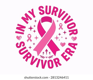 A vibrant pink ribbon vector illustration with sparkling elements and the text 'In My Survivor Era', symbolizing strength and breast cancer awareness.