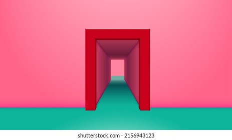 Vibrant pink room with green floor and open doorway with corridor. Abstract architecture background or invitation card backdrop.