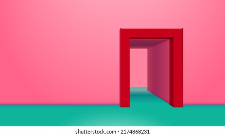 Vibrant pink room with green floor and open doorway with corridor. Abstract architecture background or invitation card backdrop.