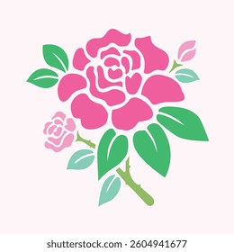 A vibrant pink rose illustration with green leaves on a soft pink bg. This image showcases a stylized pink rose with distinct petals and green leaves, rendered in a flat vector style. 