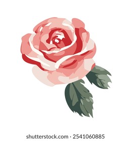 A vibrant pink rose with soft petals and delicate green leaves is beautifully illustrated.