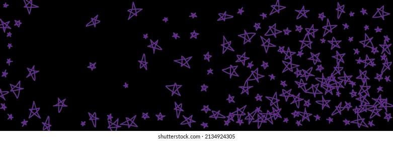 Lebhafte, rosa, einfache Violettlavender, schwarze handgezeichnete Sterne. Naive violette, chäotische Stars Nachtkunst Kinderlicher dunkler Sternenhintergrund. Sky Emo kids hellblütige Childish einfache handgezeichnete Illustration.