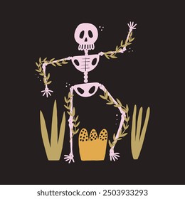 Vibrant pink skeleton illustration adorned with leaves and surrounded by abstract plants on a black background. Creative and whimsical design with a playful, artistic theme