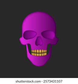 Vibrant pink skull with gold teeth on dark background, modern surreal design for abstract art, halloween concepts, gothic fashion, and psychedelic digital vector illustration trends.