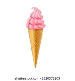 Vibrant pink soft serve ice cream swirled atop golden waffle cone. Bright appetizing treat perfect for summer vibes. Isolated on clean white background for freshness.