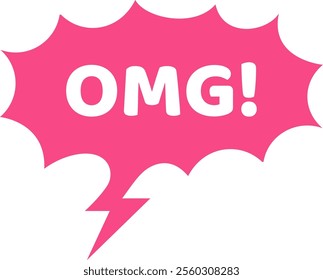 Vibrant pink speech bubble featuring a striking lightning bolt, expressing surprise and astonishment with the abbreviation OMG, isolated against a clean white background