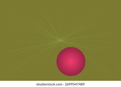 A vibrant pink sphere is centered with radiating green lines against a muted olive background, symbolizing energy and expansion.