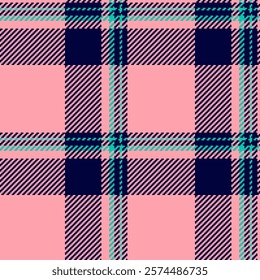 Vibrant pink, teal, and navy blue pixelated plaid pattern.  Ideal for fashion, textile, and website backgrounds.  Modern geometric design with a retro feel.  Seamless repeat texture.