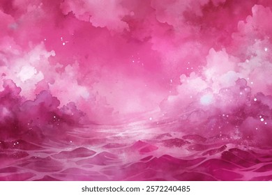 Vibrant pink watercolor, dreamy clouds, serene ocean waves, abstract landscape, artistic background, calming atmosphere.