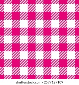 Vibrant pink and white gingham pattern with diagonal stripes. Perfect for fashion, textile design, website backgrounds, and scrapbooking.  Adds a cheerful, modern touch to any project.