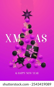 Vibrant pink Xmas tree with gifts and baubles
