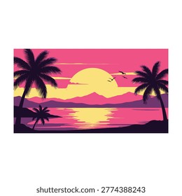Vibrant pink and yellow sunset over calm ocean with silhouetted palm trees and distant mountains