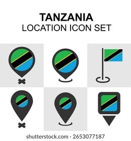 Vibrant pins featuring the Tanzanian flag in different styles, ideal for safari maps, travel content, or regional information.