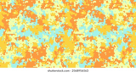 Vibrant pixel art abstract background.  Perfect for website banners, digital designs, or textile prints.  Unique, eye-catching color palette of orange, yellow, and light blue.