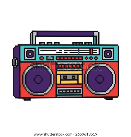 A vibrant pixel art boombox featuring large purple speakers, a cassette deck, and various controls in a retro 80s style.