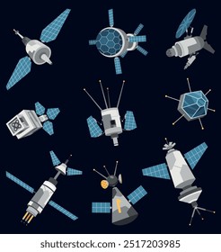 A Vibrant Pixel Art Collection Featuring Various Spacecraft and Satellites from Imagination