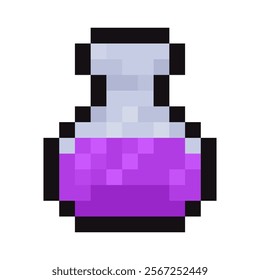 A vibrant pixel art depiction of a potion bottle filled with purple liquid. The design features a rounded base, a narrow neck, and detailed shading with bold black outlines for emphasis.