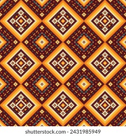Vibrant pixel art fabric pattern showcases a seamless ethnic pattern design. Bold geometric shapes, including squares, triangles, and diamonds, create a captivating retro aesthetic.