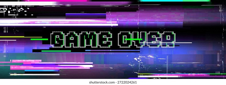 Un vibrante juego de pixel art sobre el mensaje con un efecto de pantalla glitch digital colorido y un fondo de ruido de VHS distorsionado perfecto para un Anuncio de póster de juegos retro o un concepto de tecnología
