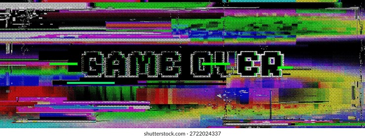 Un vibrante juego de pixel art sobre el mensaje con un efecto de pantalla glitch digital colorido y un fondo de ruido de VHS distorsionado perfecto para un Anuncio de póster de juegos retro o un concepto de tecnología
