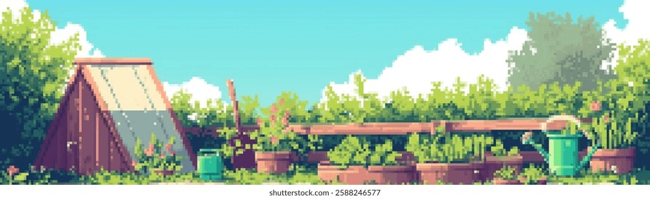 A vibrant pixel art garden scene featuring a wooden raised bed filled with various plants, surrounded by potted plants. A watering can and a small greenhouse are visible, under a bright blue sky 