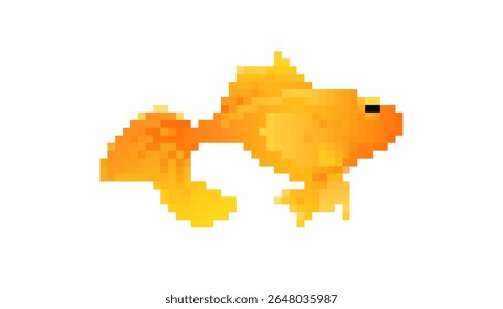 Vibrant pixel art goldfish with a playful expression and classic retro style. great for creative uses.