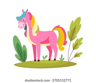 A vibrant pixel art illustration features a pink horse in lush grass