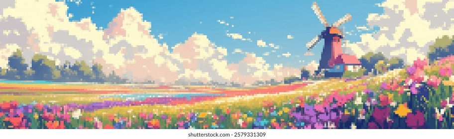 A vibrant pixel art landscape featuring a windmill surrounded by colorful flowers under a bright blue sky with fluffy clouds.