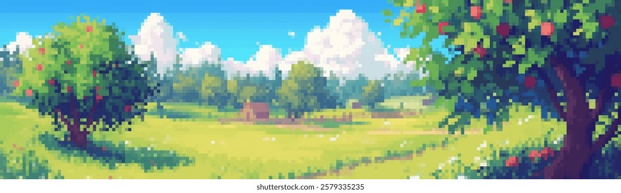 A vibrant pixel art landscape featuring lush green fields, two apple trees with red apples, fluffy white clouds, and a small farmhouse in the distance.