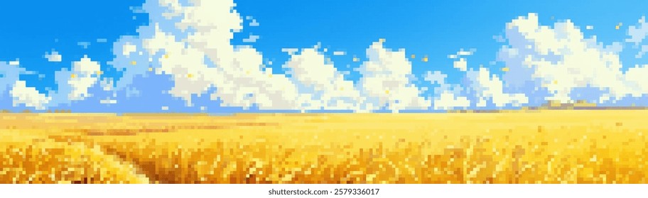 A vibrant pixel art landscape featuring a golden wheat field under a bright blue sky with fluffy white clouds. The scene captures a serene and idyllic rural atmosphere.