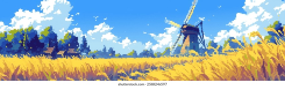 A vibrant pixel art landscape featuring a golden wheat field under a bright blue sky. A traditional windmill stands in the background, surrounded by lush greenery and fluffy clouds.