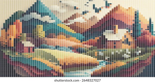 Vibrant Pixel Art Landscape of Mountains, Forest, River, and Sunset. A Colorful, Geometric Nature Scene Perfect for Creative and Abstract Design. Pixel, Art, Landscape, Nature, Geometric.