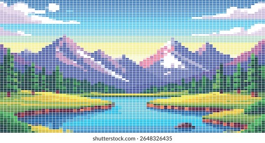 Vibrante Pixel Art de uma paisagem de montanha com um rio, floresta e céu colorido. Um Nostálgico, Cênico, e Pixel, Montanha, Paisagem, Retro, Design de Natureza.