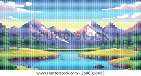 Vibrant Pixel Art of a Mountain Landscape with a River, Forest, and Colorful Sky. A Nostalgic, Scenic, and Pixel, Mountain, Landscape, Retro, Nature Design.