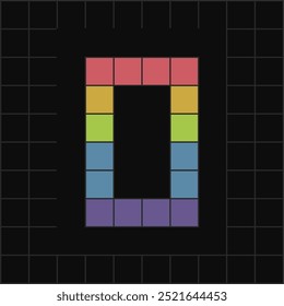 Vibrant pixel art of number 0 in colorful blocks on a black grid background. Perfect for digital, gaming, or retro-themed designs.