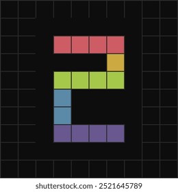 Vibrant pixel art of number 2 in colorful blocks on a black grid background. Perfect for digital, gaming, or retro-themed designs.