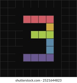 Vibrant pixel art of number 3 in colorful blocks on a black grid background. Perfect for digital, gaming, or retro-themed designs.